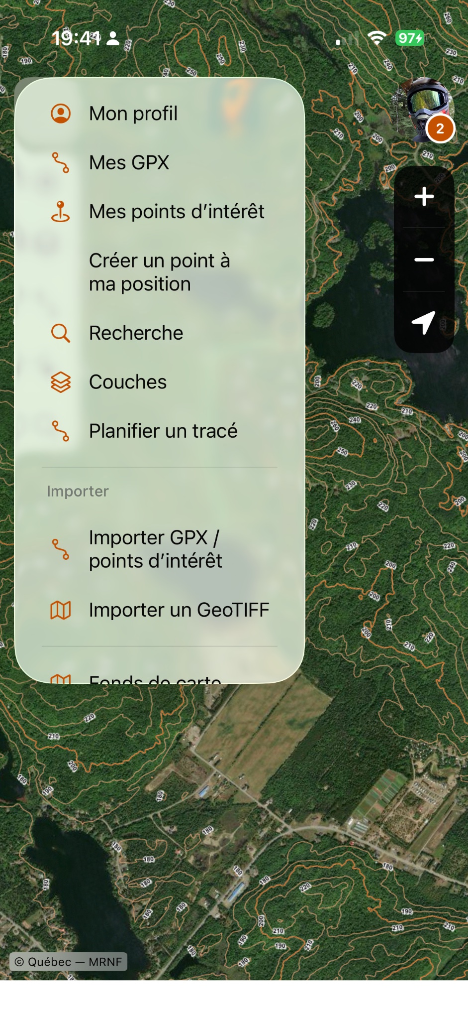 Menu de l’application avec GPX, points d’intérêt et importation