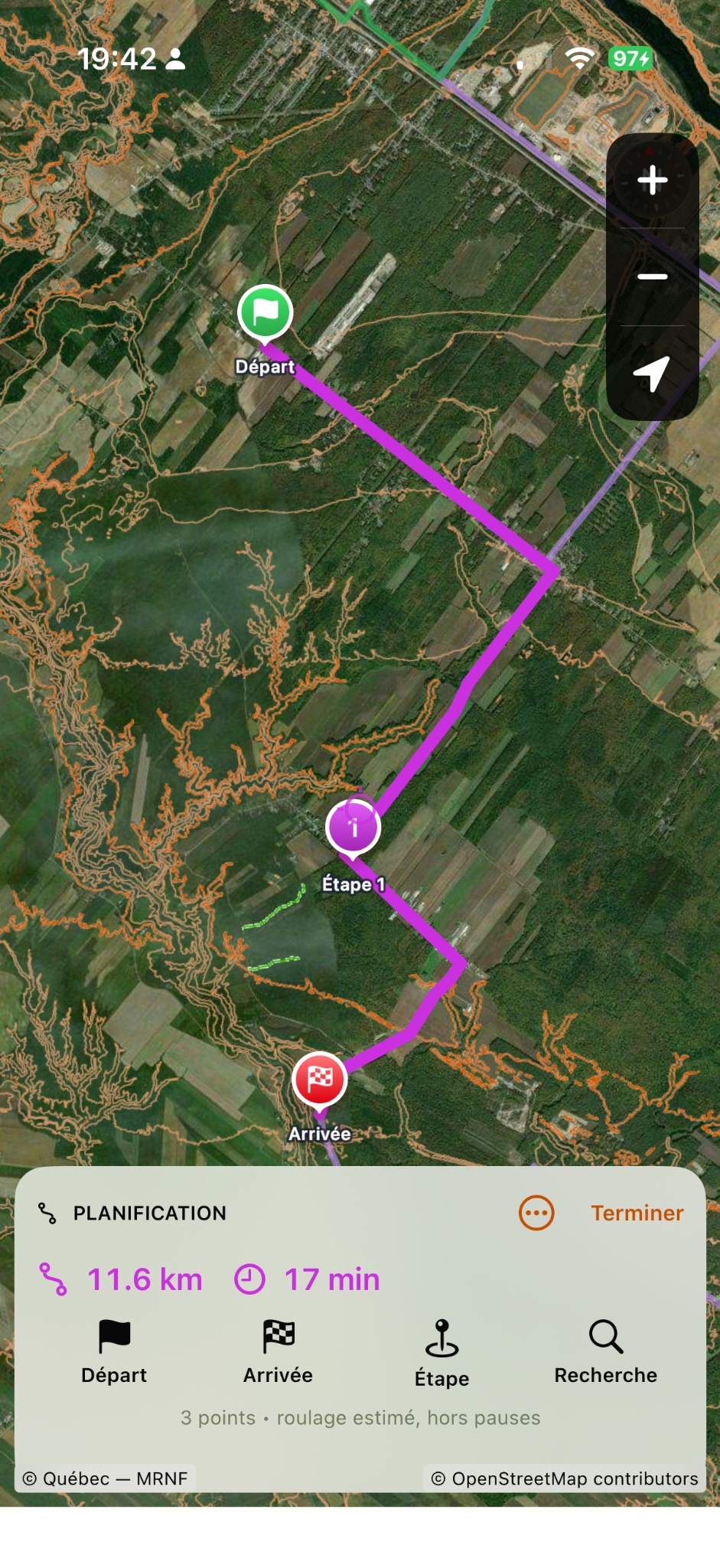 Planification dans HarVride avec un départ, une étape, une arrivée, une distance et un temps estimé