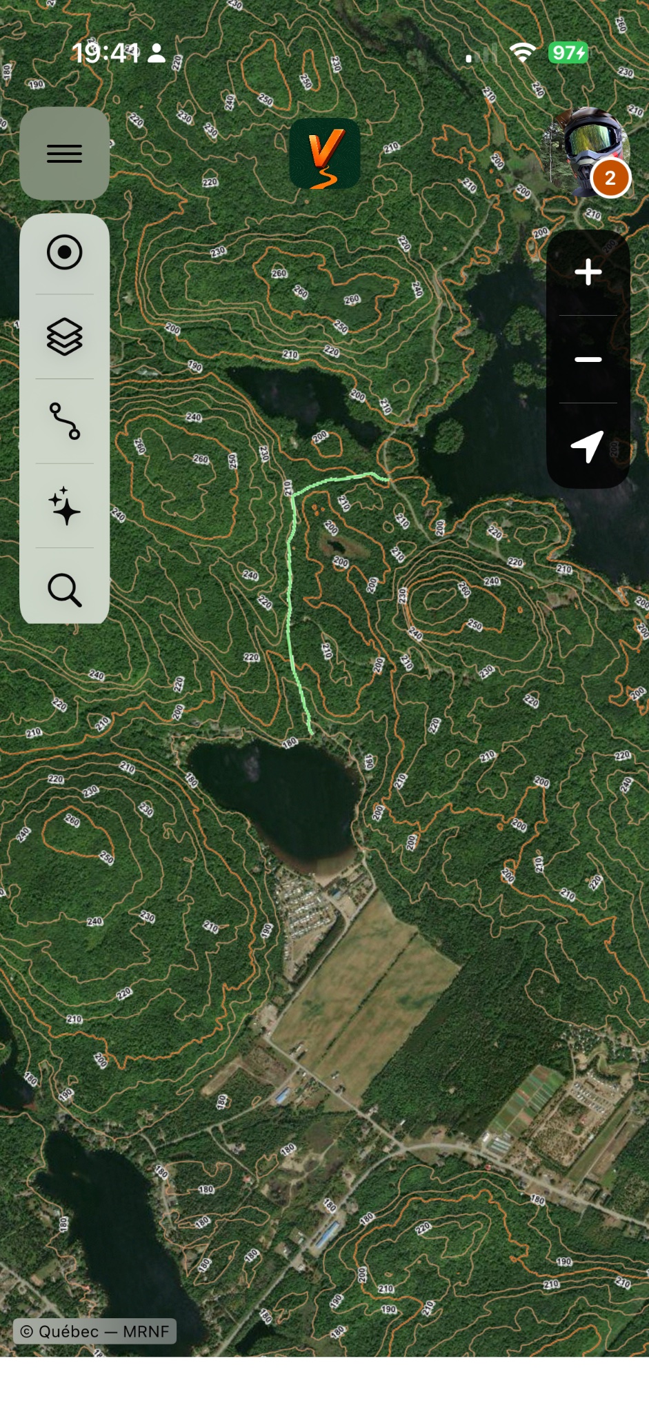 HarVride affiche un tracé GPX sur une carte satellite avec courbes de niveau